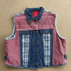 Mens Rustic Denim Patchwork Denim Vest  Americana Plaid Indie / Cottagecore 2X